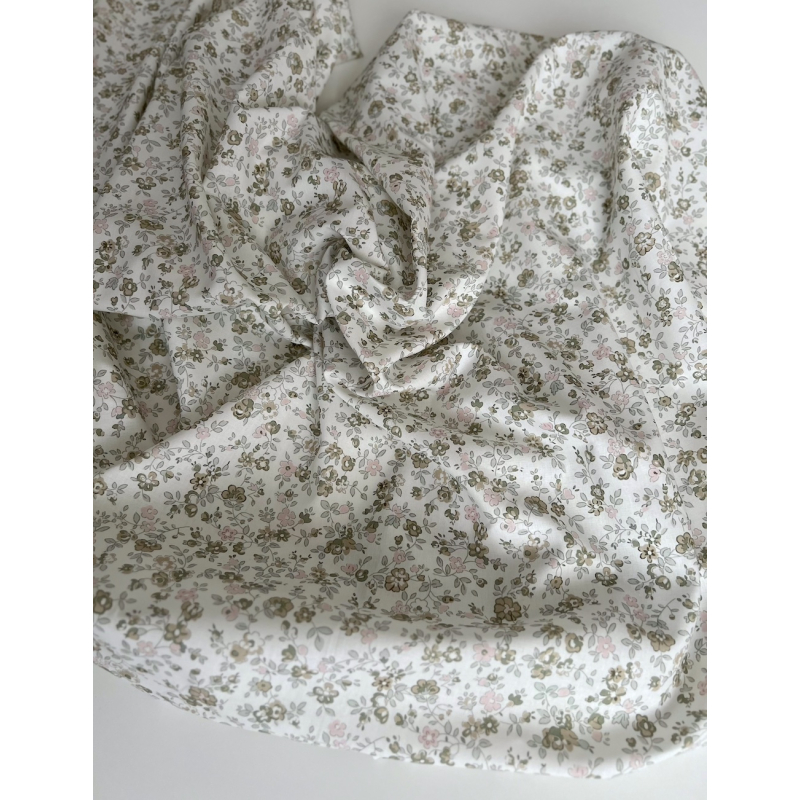 June - Popeline de coton douce BIO imprimé fleuri vert fané et rose Tissus issus de l'agriculture biologique  - 6