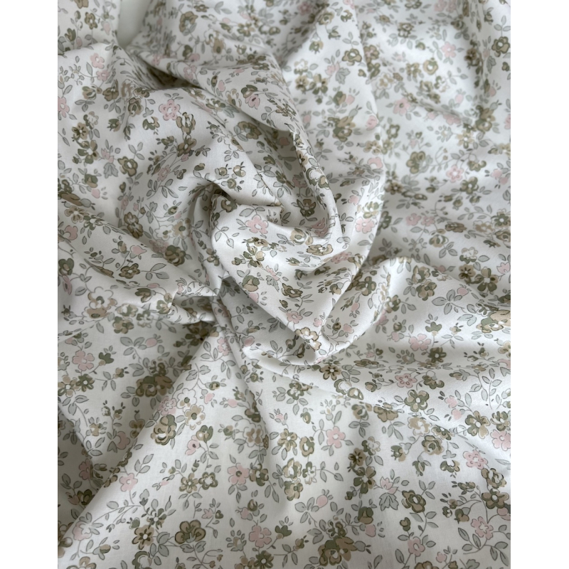 June - Popeline de coton douce BIO imprimé fleuri vert fané et rose Tissus issus de l'agriculture biologique  - 7