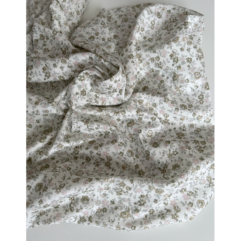 June - Popeline de coton douce BIO imprimé fleuri vert fané et rose Tissus issus de l'agriculture biologique  - 9