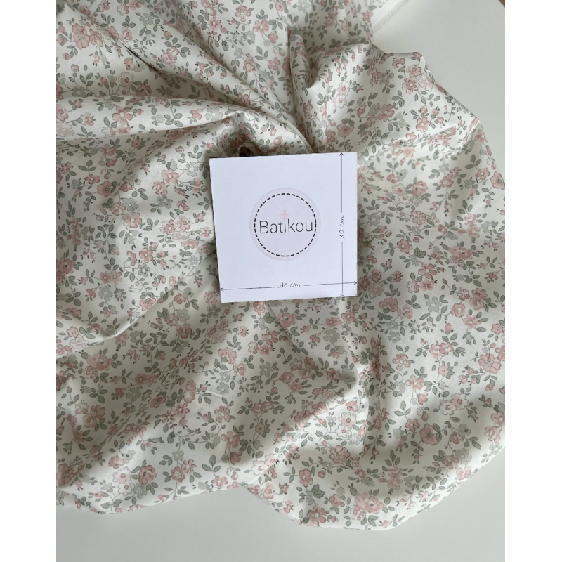 June - Popeline de coton douce BIO imprimé fleuri vert sauge et rose Tissus issus de l'agriculture biologique  - 6