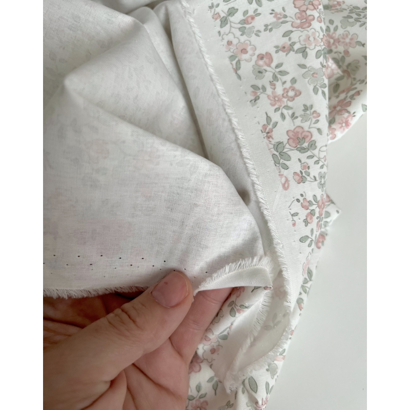 June - Popeline de coton douce BIO imprimé fleuri vert sauge et rose Tissus issus de l'agriculture biologique  - 8