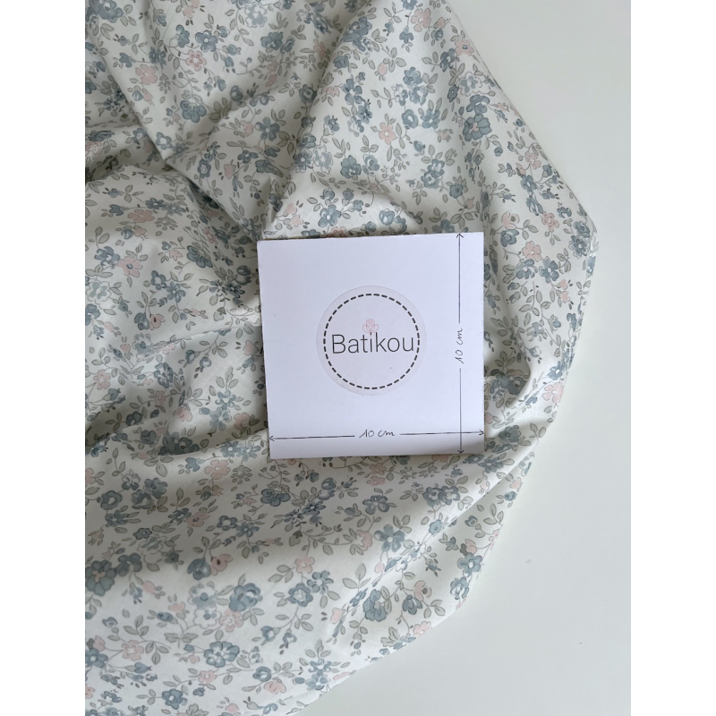 June - Popeline de coton douce BIO imprimé fleuri bleu et rose Tissus issus de l'agriculture biologique  - 5