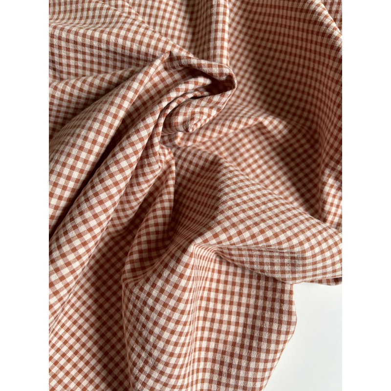 Seersucker / Coton gaufré vichy Noisette mini 3mm