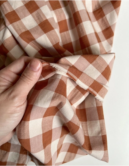 Seersucker / Coton gaufré grand vichy noisette