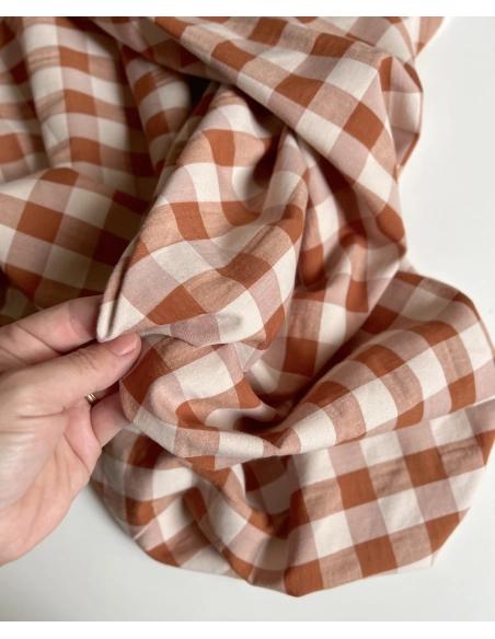 Seersucker / Coton gaufré grand vichy noisette