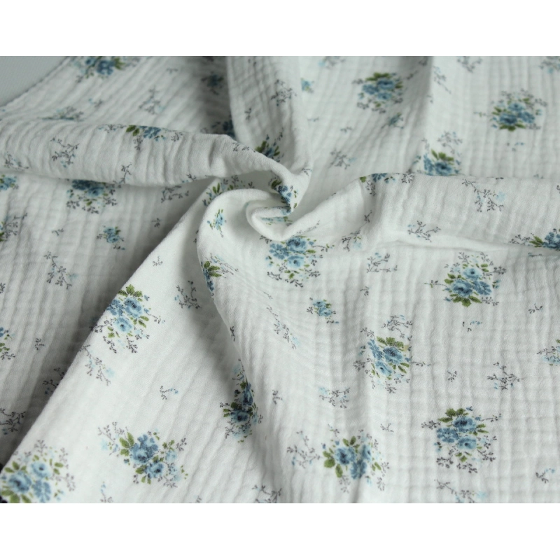 Romance - Double gaze de coton BIO blanc cassé motif exclusif bouquet romantique bleu