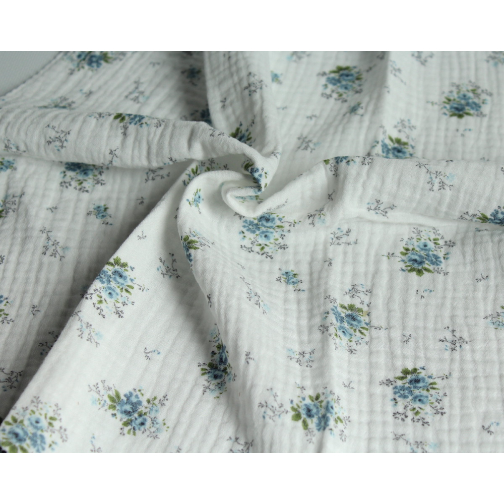 Romance - Double gaze de coton BIO blanc cassé motif exclusif bouquet romantique bleu