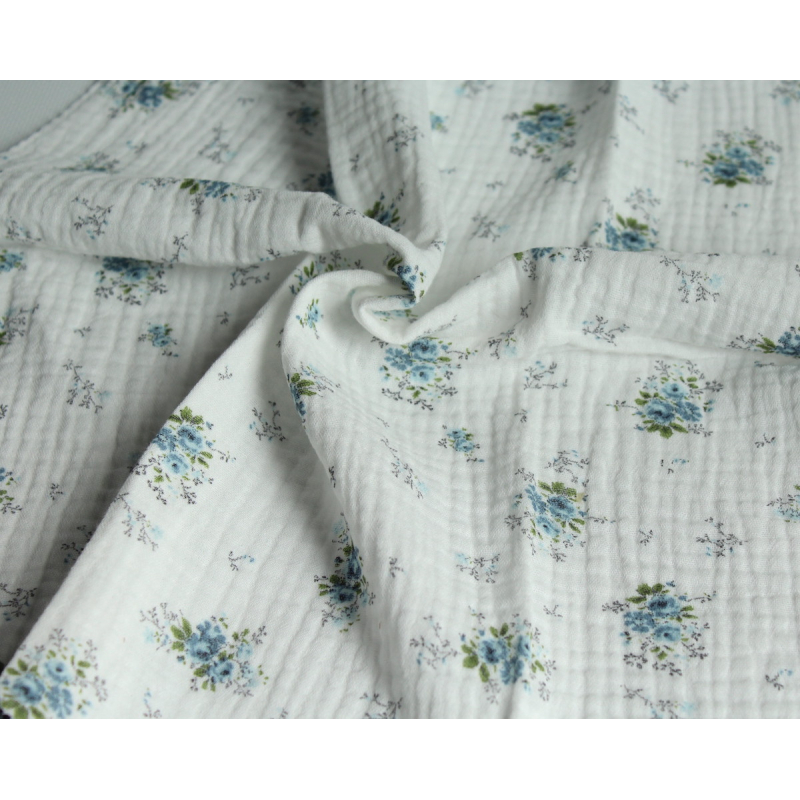 Romance - Double gaze de coton BIO blanc cassé motif exclusif bouquet romantique bleu