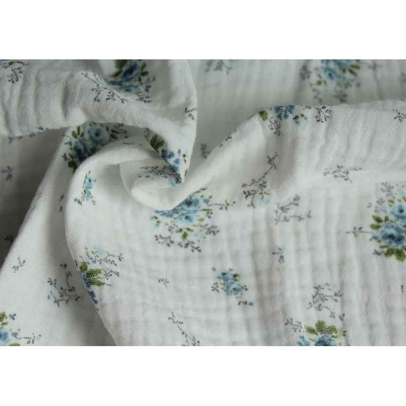 Romance - Double gaze de coton BIO blanc cassé motif exclusif bouquet romantique bleu