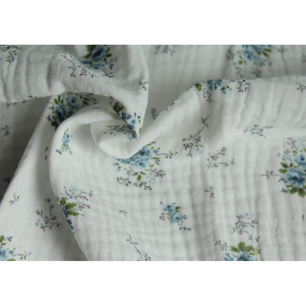 Romance - Double gaze de coton BIO blanc cassé motif exclusif bouquet romantique bleu