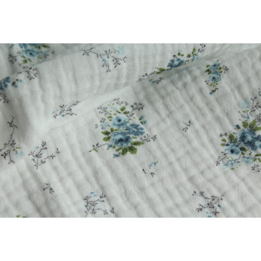 Romance - Double gaze de coton BIO blanc cassé motif exclusif bouquet romantique bleu