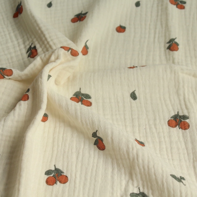 Double gaze de coton BIO écru motif exclusif oranges Tissus issus de l'agriculture biologique  - 1