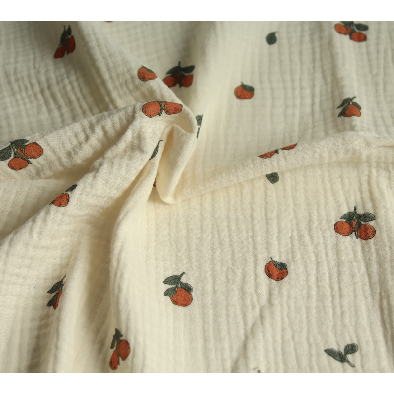 Double gaze de coton BIO écru motif exclusif oranges Tissus issus de l'agriculture biologique  - 3