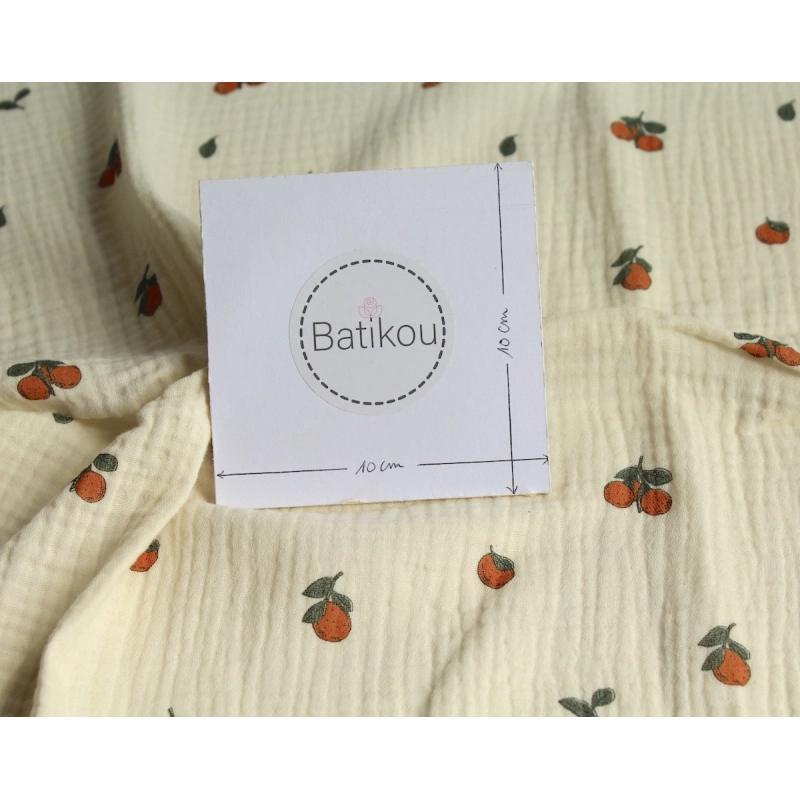 Double gaze de coton BIO écru motif exclusif oranges Tissus issus de l'agriculture biologique  - 5