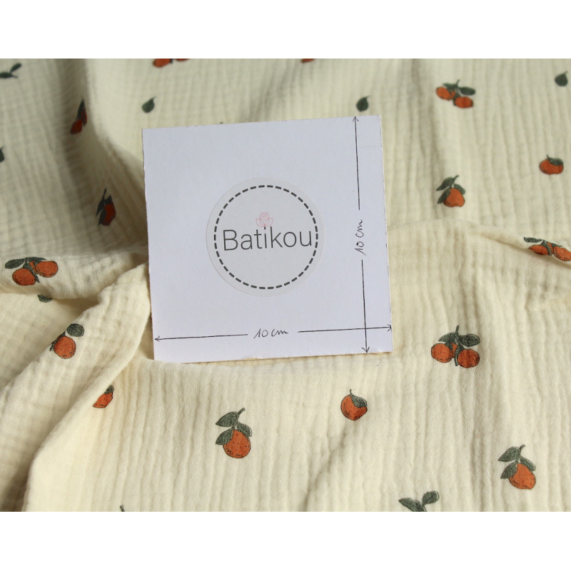 Double gaze de coton BIO écru motif exclusif oranges Tissus issus de l'agriculture biologique  - 5