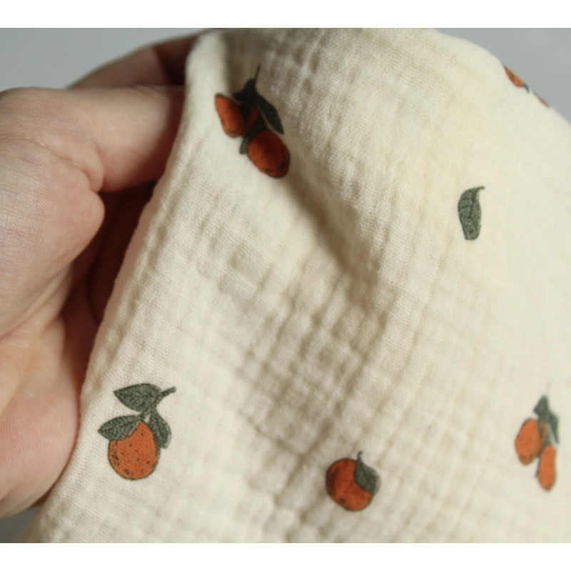 Double gaze de coton BIO écru motif exclusif oranges Tissus issus de l'agriculture biologique  - 7