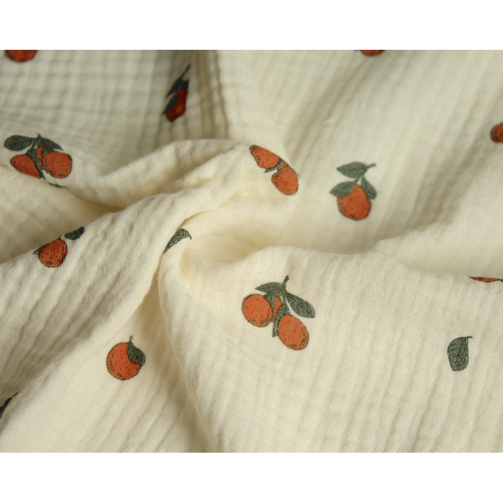Double gaze de coton BIO écru motif exclusif oranges Tissus issus de l'agriculture biologique  - 8