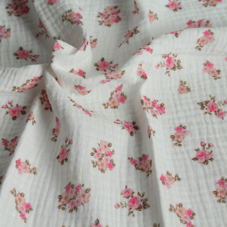 Sara - Double gaze de coton BIO blanc cassé motif exclusif bouquets fluo Tissus issus de l'agriculture biologique  - 1 Sara - Double gaze de coton BIO blanc cassé motif exclusif bouquets fluo Tissus issus de l'agriculture biologique  - 1
