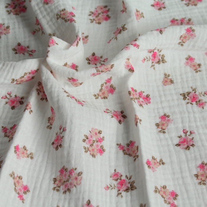 Sara - Double gaze de coton BIO blanc cassé motif exclusif bouquets fluo Tissus issus de l'agriculture biologique  - 1