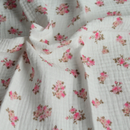 Sara - Double gaze de coton BIO blanc cassé motif exclusif bouquets fluo Tissus issus de l'agriculture biologique  - 1