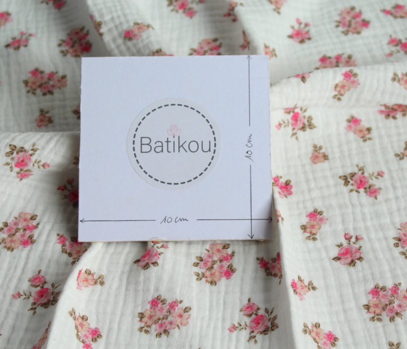 Sara - Double gaze de coton BIO blanc cassé motif exclusif bouquets fluo Tissus issus de l'agriculture biologique  - 4