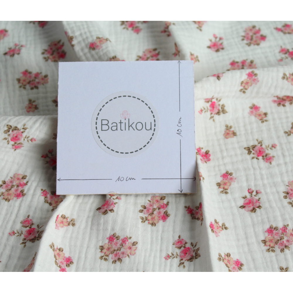 Sara - Double gaze de coton BIO blanc cassé motif exclusif bouquets fluo Tissus issus de l'agriculture biologique  - 4