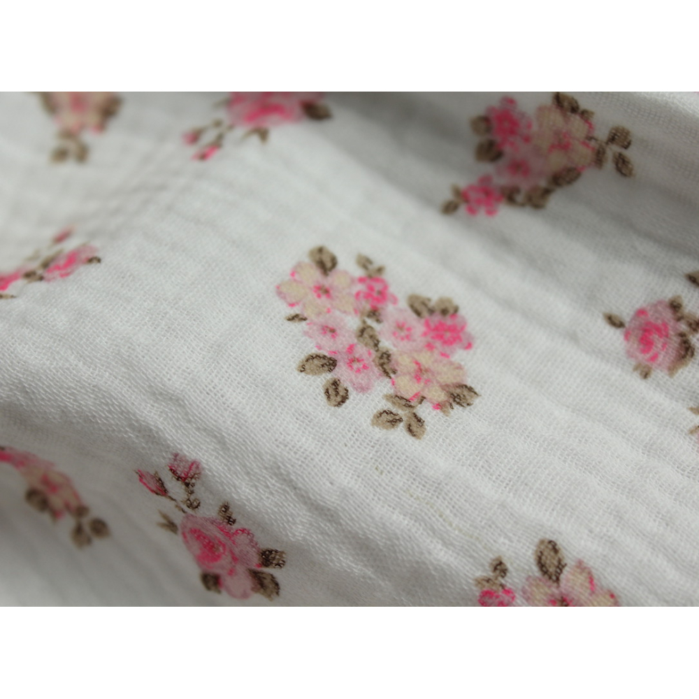 Sara - Double gaze de coton BIO blanc cassé motif exclusif bouquets fluo Tissus issus de l'agriculture biologique  - 6