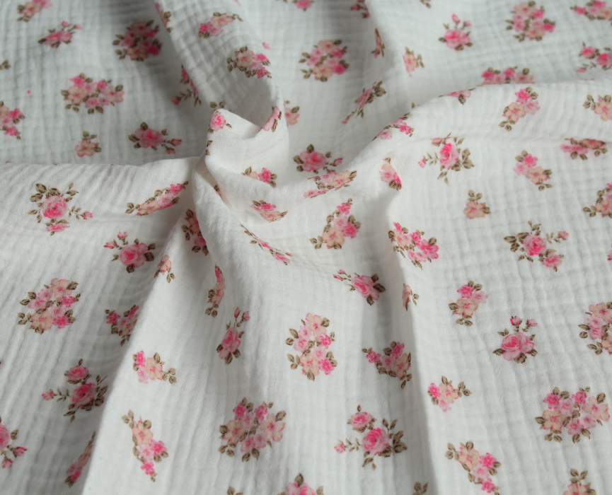 Sara - Double gaze de coton BIO blanc cassé motif exclusif bouquets fluo Tissus issus de l'agriculture biologique  - 7