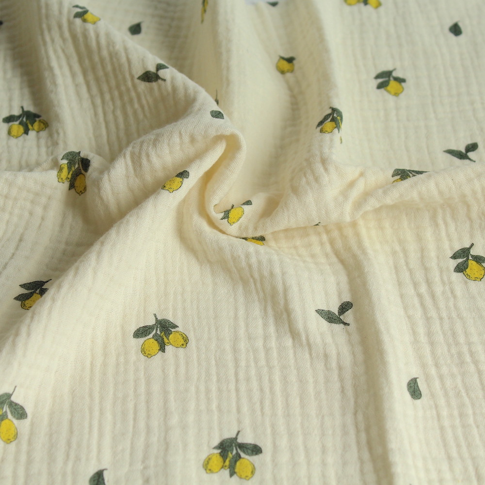 Double gaze de coton BIO écru motif exclusif citrons Tissus issus de l'agriculture biologique  - 1 Double gaze de coton BIO écru motif exclusif citrons Tissus issus de l'agriculture biologique  - 1
