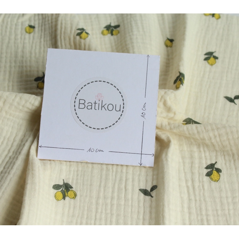 Double gaze de coton BIO écru motif exclusif citrons Tissus issus de l'agriculture biologique  - 4