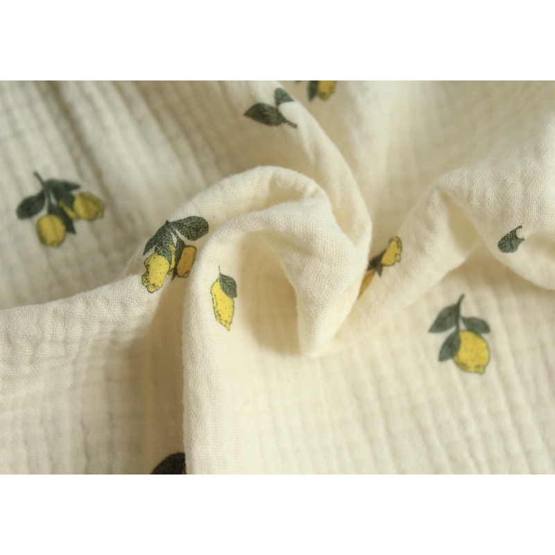Double gaze de coton BIO écru motif exclusif citrons Tissus issus de l'agriculture biologique  - 5