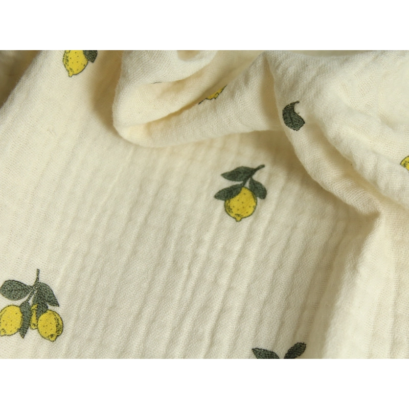 Double gaze de coton BIO écru motif exclusif citrons Tissus issus de l'agriculture biologique  - 7