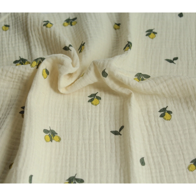 Double gaze de coton BIO écru motif exclusif citrons Tissus issus de l'agriculture biologique  - 8