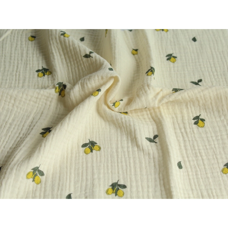 Double gaze de coton BIO écru motif exclusif citrons Tissus issus de l'agriculture biologique  - 9