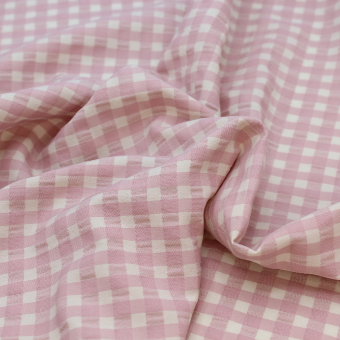 Seersucker / Coton gaufré vichy moyen 6mm vieux rose écru