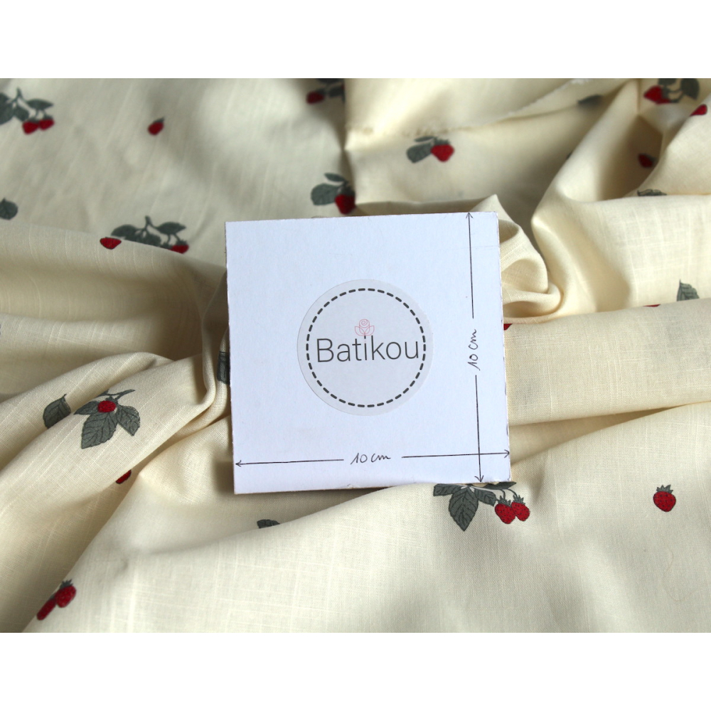 Popeline de coton BIO flamée / rustique motif exclusif fraises