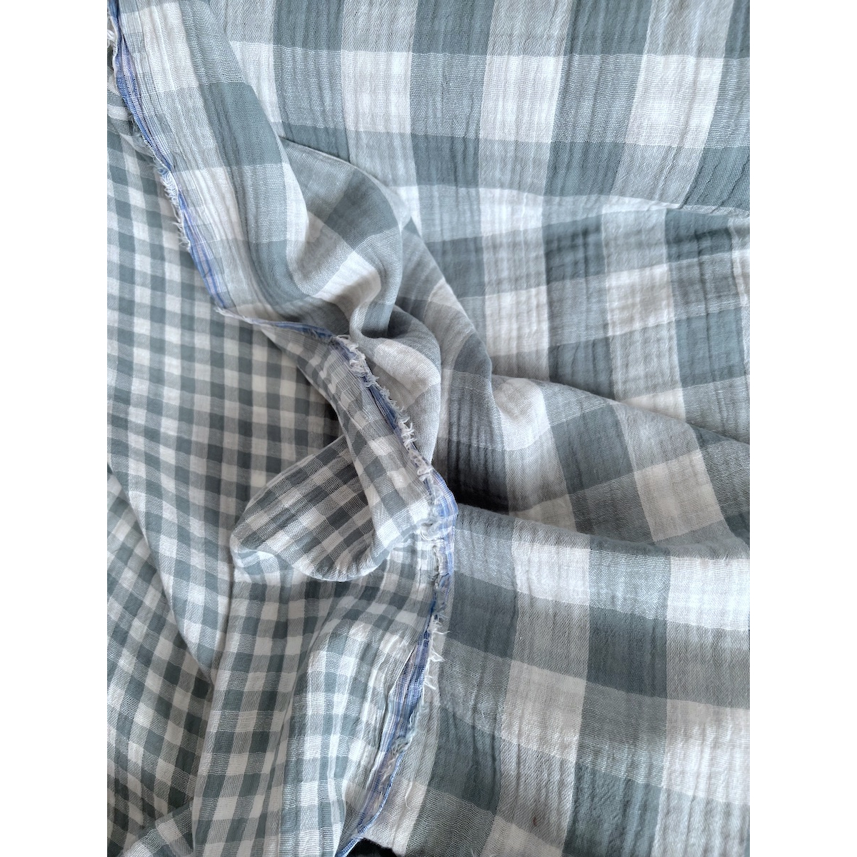 Double gaze de coton vichy réversible sauge / blanc Qualité Oeko-tex - 4