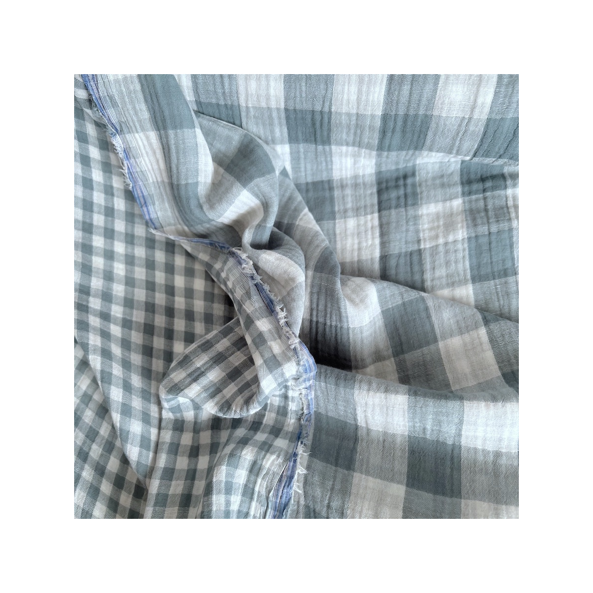 Double gaze de coton vichy réversible sauge / blanc Qualité Oeko-tex - 5