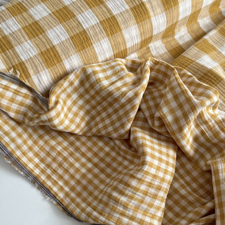 Double gaze de coton vichy réversible Moutarde / blanc Qualité Oeko-tex - 1