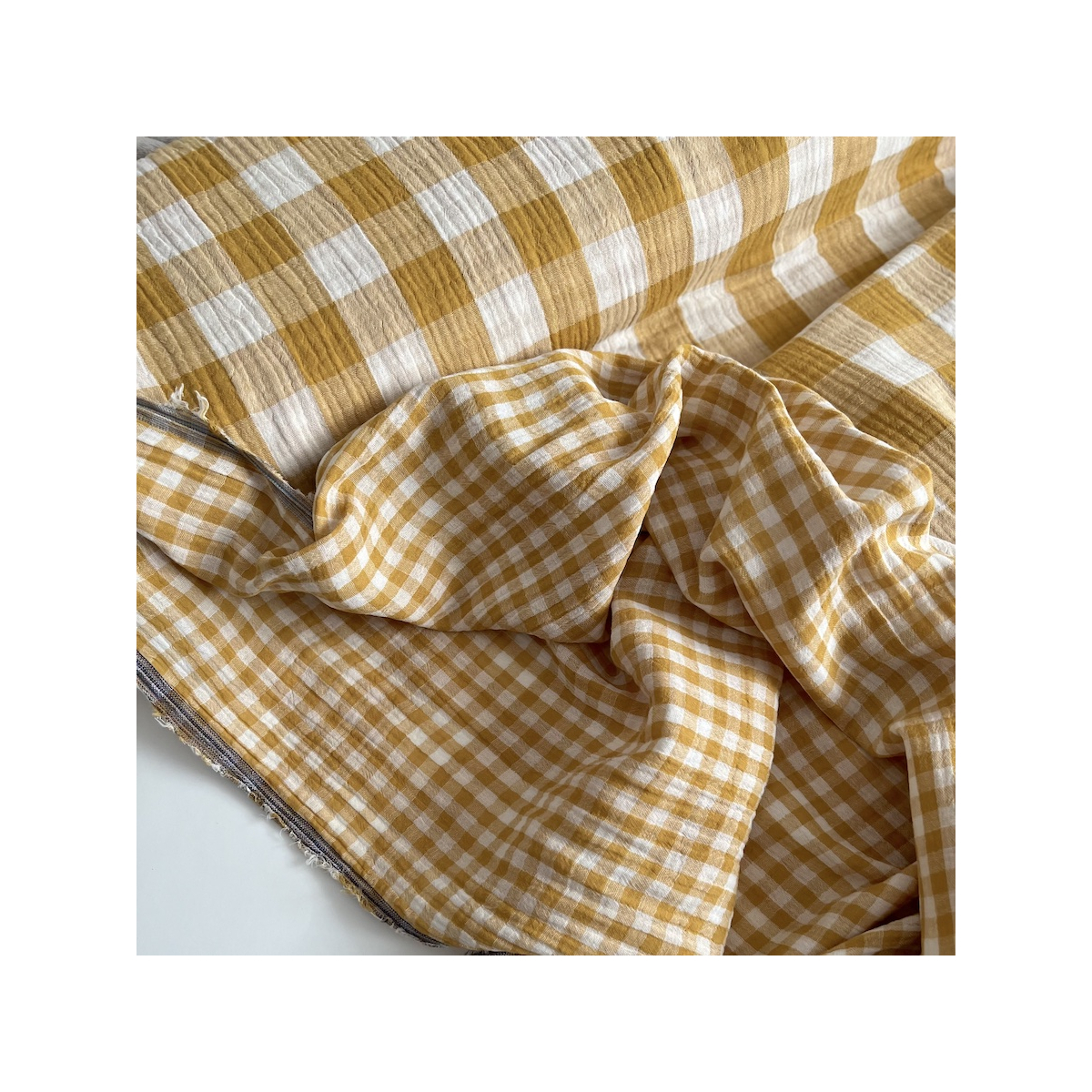 Double gaze de coton vichy réversible Moutarde / blanc Qualité Oeko-tex - 1