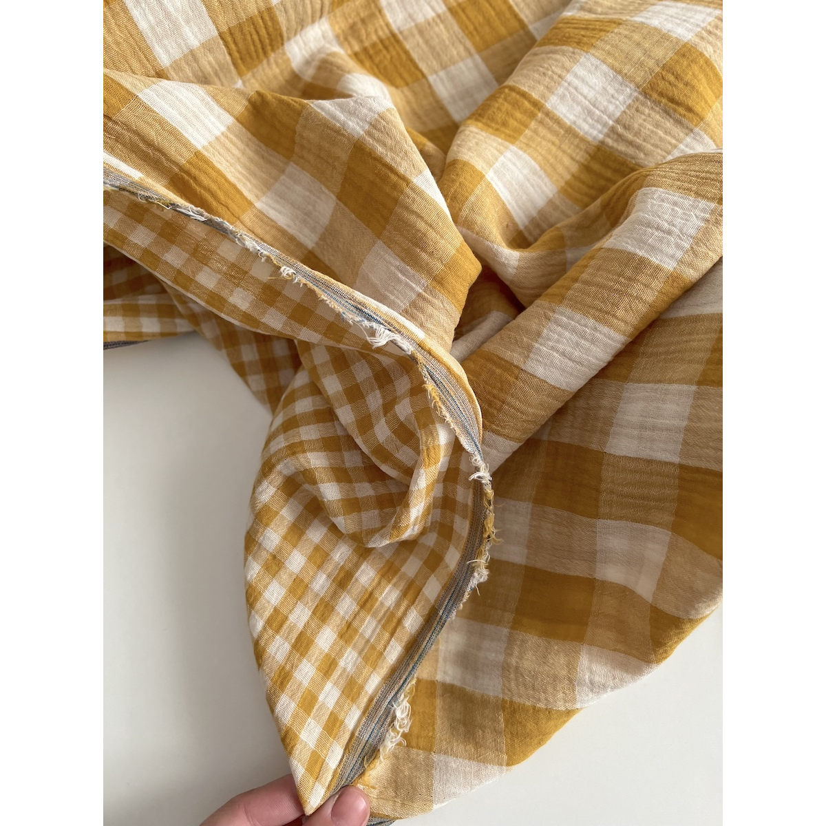 Double gaze de coton vichy réversible Moutarde / blanc Qualité Oeko-tex - 2