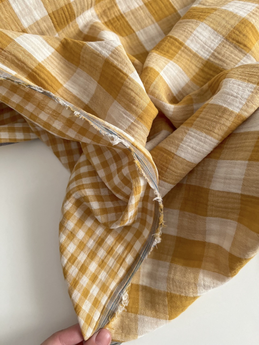 Double gaze de coton vichy réversible Moutarde / blanc Qualité Oeko-tex - 2