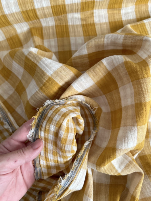Double gaze de coton vichy réversible Moutarde / blanc Qualité Oeko-tex - 3