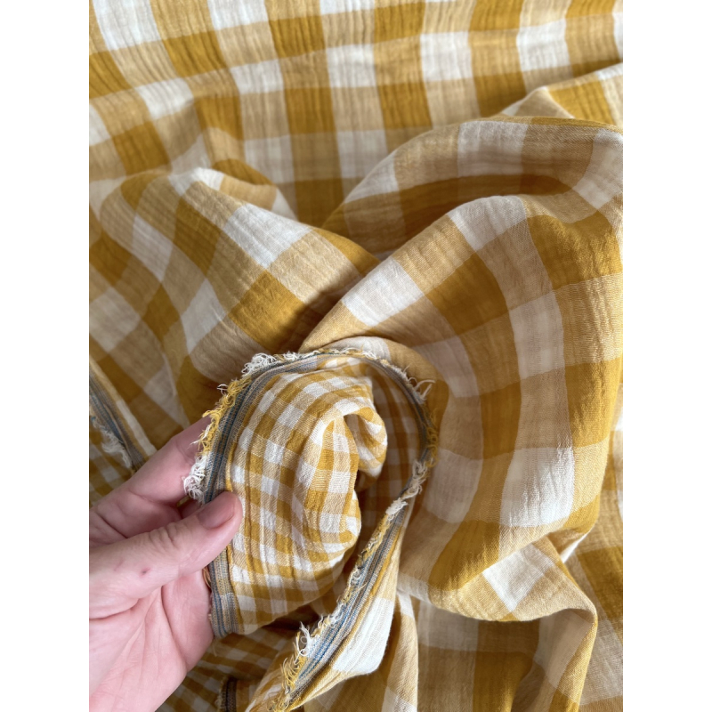 Double gaze de coton vichy réversible Moutarde / blanc Qualité Oeko-tex - 3
