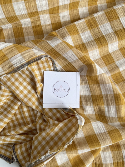 Double gaze de coton vichy réversible Moutarde / blanc Qualité Oeko-tex - 4