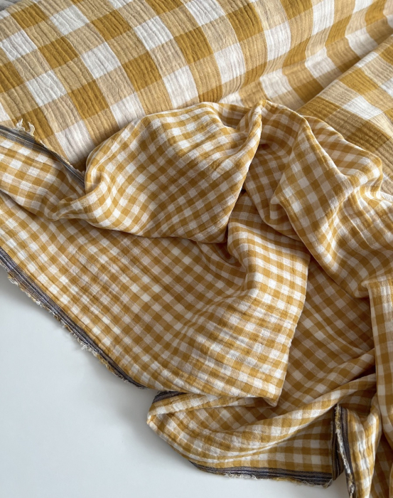 Double gaze de coton vichy réversible Moutarde / blanc Qualité Oeko-tex - 5