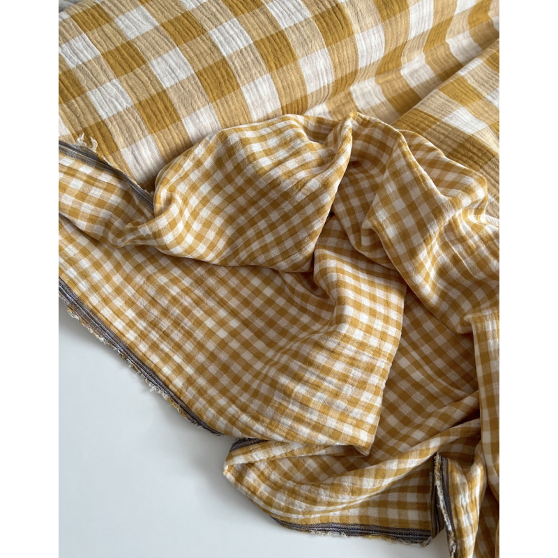 Double gaze de coton vichy réversible Moutarde / blanc Qualité Oeko-tex - 5