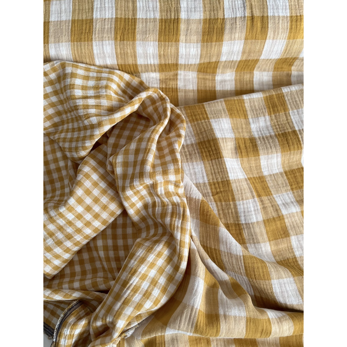 Double gaze de coton vichy réversible Moutarde / blanc Qualité Oeko-tex - 6