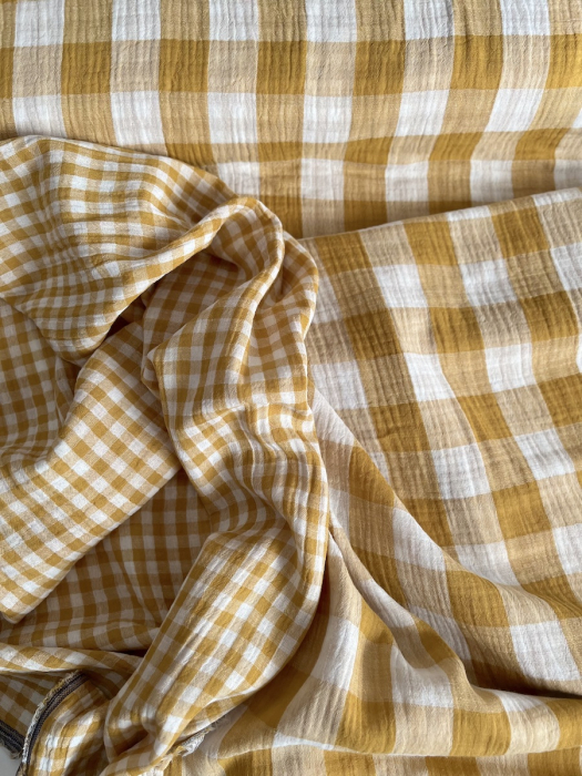Double gaze de coton vichy réversible Moutarde / blanc Qualité Oeko-tex - 6