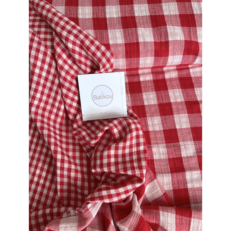 Double gaze de coton vichy réversible rouge / blanc Qualité Oeko-tex - 2